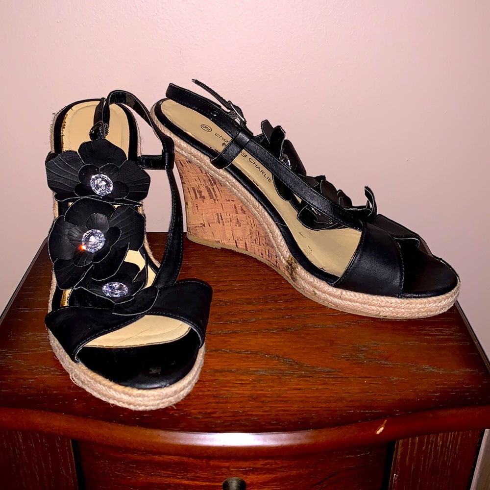 Black Charming Charlie wedges with flowers